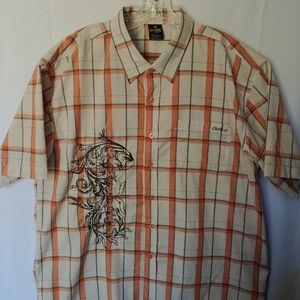 XL Old Skool School Short Sleeve Button Down Shirt Cream Orange  Embroidered EUC